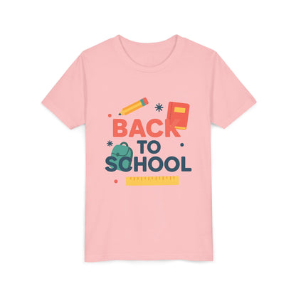 Pink youth back to school graphic tee with school icons