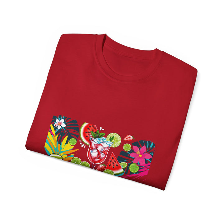 Folded red t-shirt with tropical-themed design on a white background