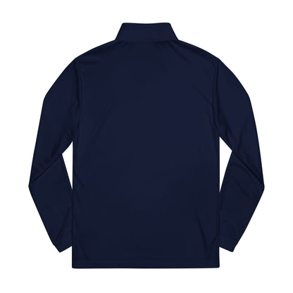 Navy blue unisex quarter-zip pullover back view