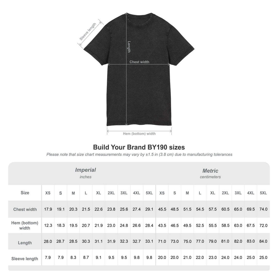 Black t-shirt with size chart measurements on a white background
