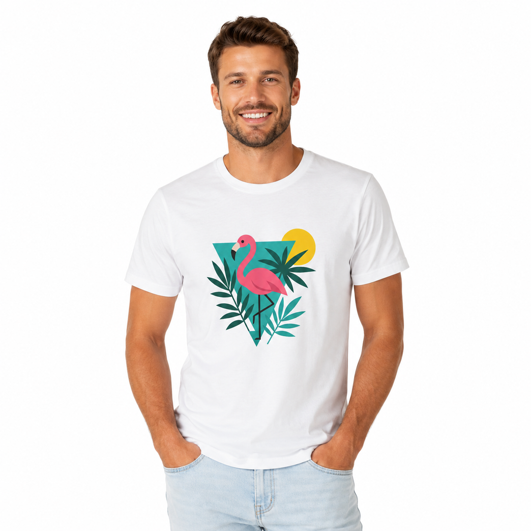 Unisex summer t-shirt with colorful flamingo artwork on clean studio background
