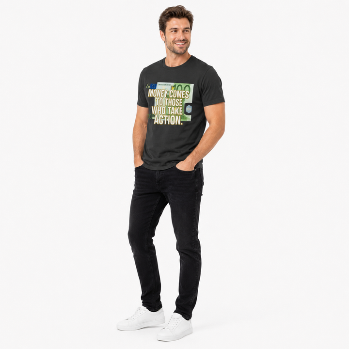 A man modeling a black graphic t-shirt with a green and yellow financial quote, paired with black jeans and white sneakers, against a plain white background.