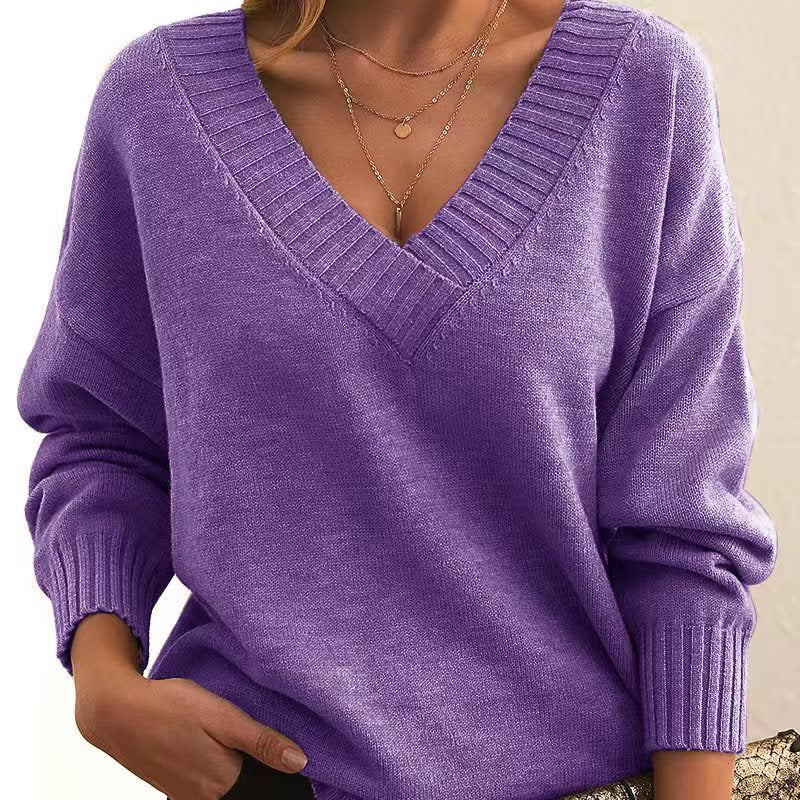 Women’s V-Neck Sweater   Cozy Loose Knit for Autumn &amp; Winter