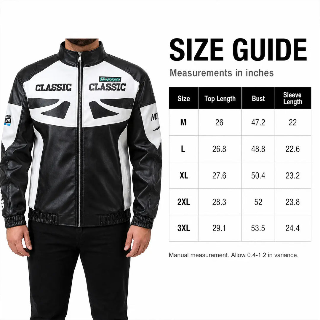 Black colorblock zip-up jacket size guide with inch measurements for M, L, XL, 2XL and 3XL beside the full Black jacket view.