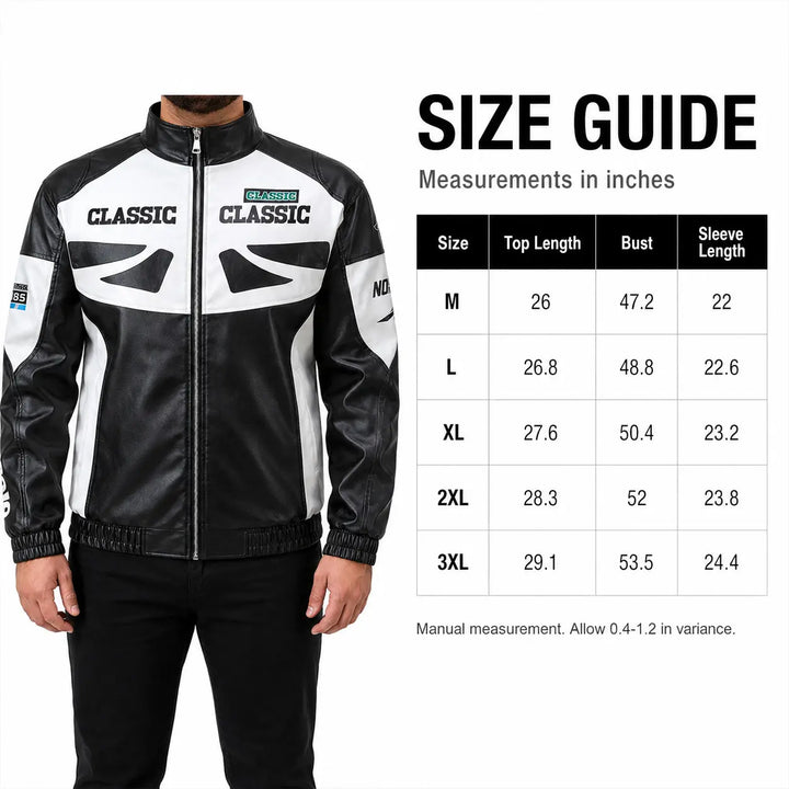 Black colorblock zip-up jacket size guide with inch measurements for M, L, XL, 2XL and 3XL beside the full Black jacket view.