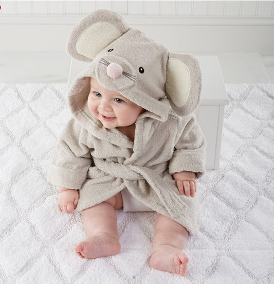 Kids animal hooded bathrobe mouse design 100% cotton towel robe for toddlers, soft absorbent wrap after bath time
