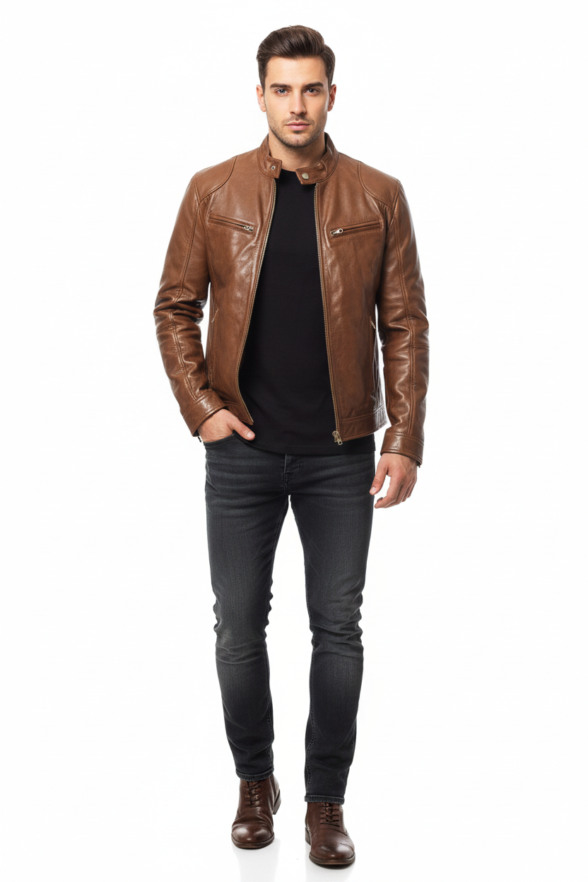 Man wearing a brown leather jacket and dark jeans on a white background
