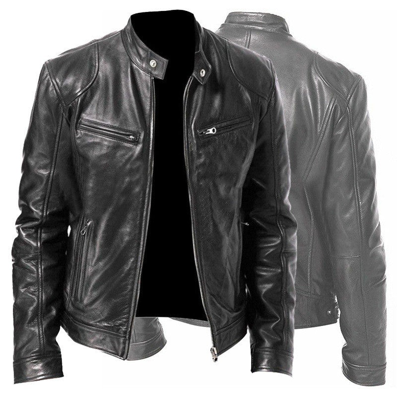 men's PU leather jacket back view brown faux leather finish with structured collar for polished casual layering
