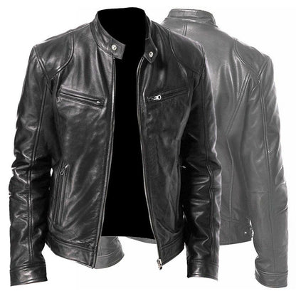 men's PU leather jacket back view brown faux leather finish with structured collar for polished casual layering
