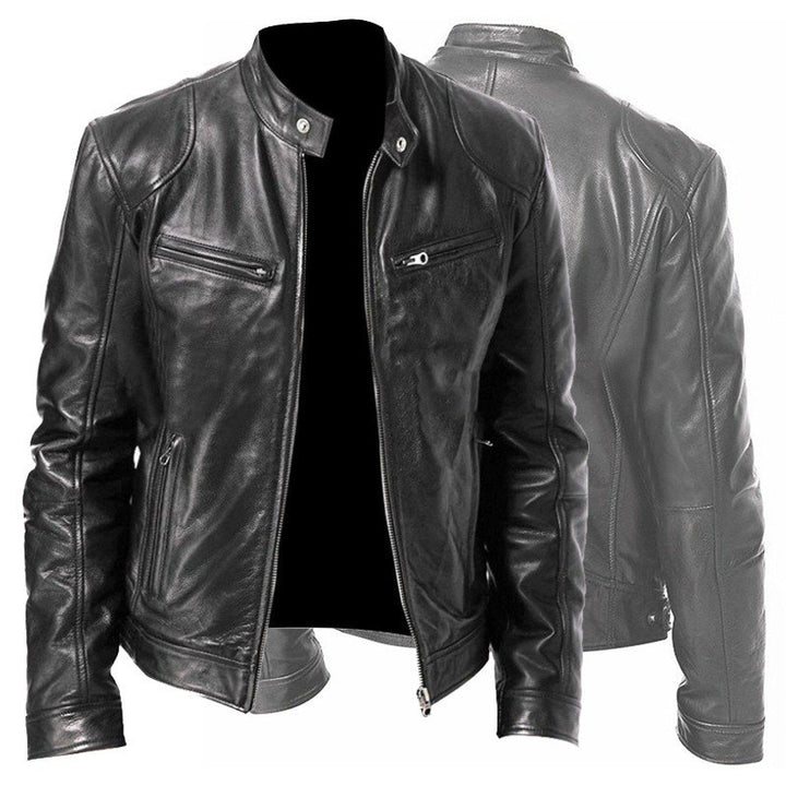 men's PU leather jacket back view brown faux leather finish with structured collar for polished casual layering

