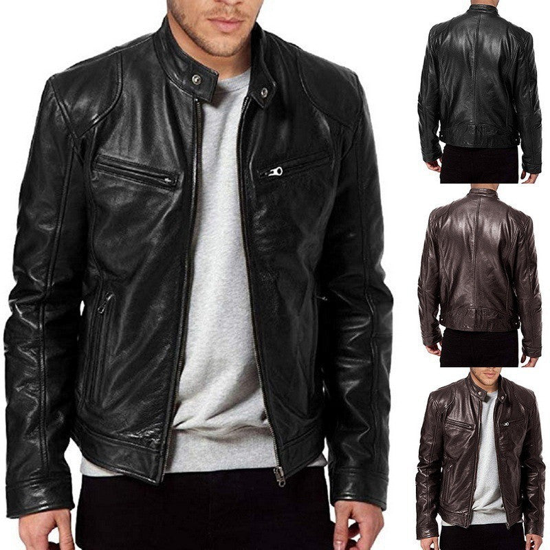 men's PU leather jacket back view black short length outerwear with clean seams for sleek street style outfits
