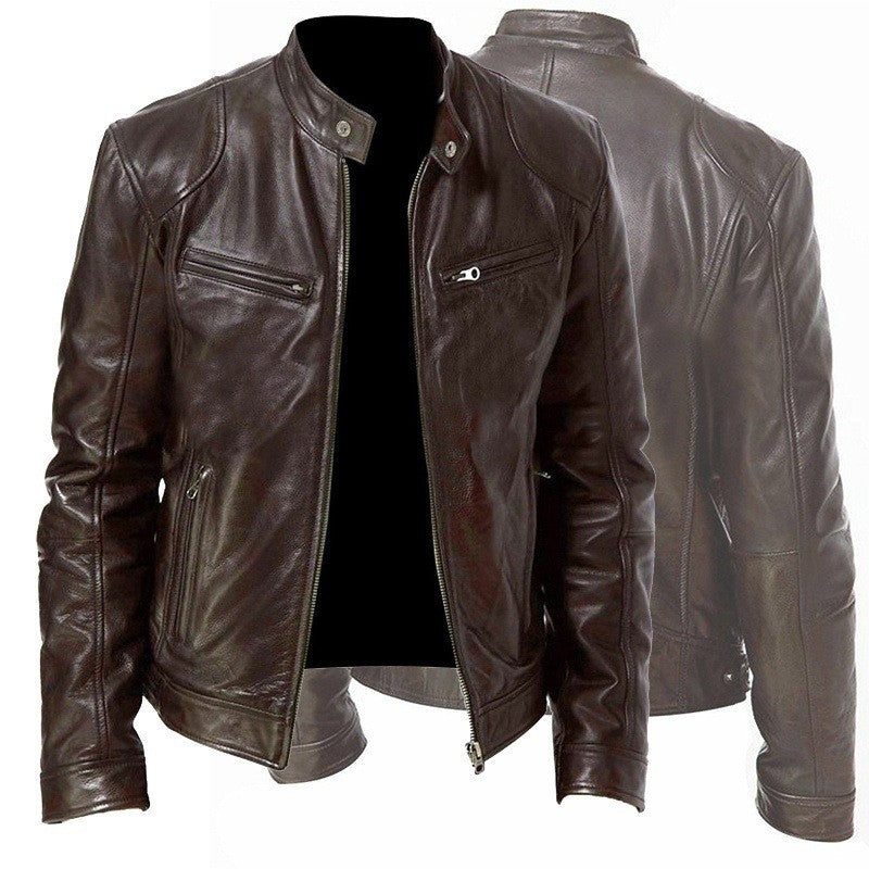 men's PU leather jacket close-up stand collar snap detail and smooth faux leather texture for refined daily wear
