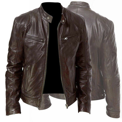 men's PU leather jacket close-up stand collar snap detail and smooth faux leather texture for refined daily wear
