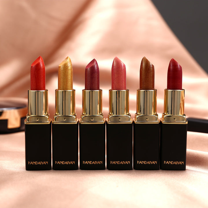 Metallic lip makeup product shown as one lipstick with a pearlescent reflective look, presented for visual product reference.