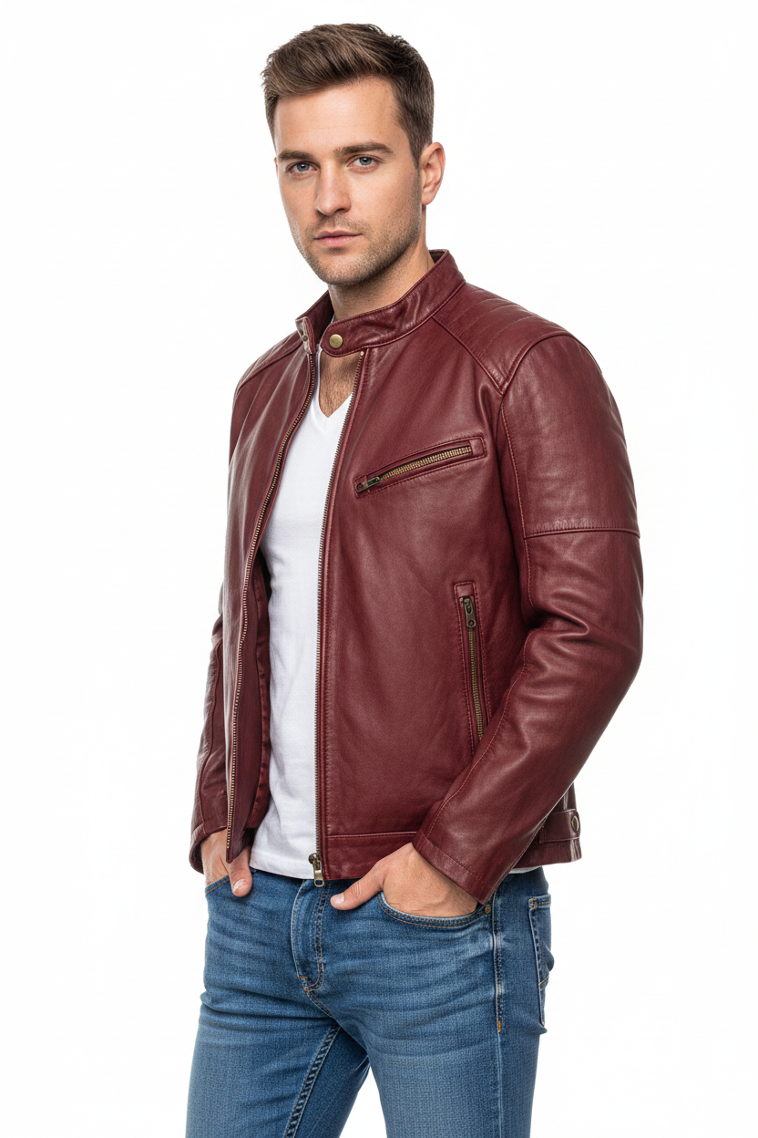 Casual city look featuring a black biker jacket for men with sneakers and slim jeans