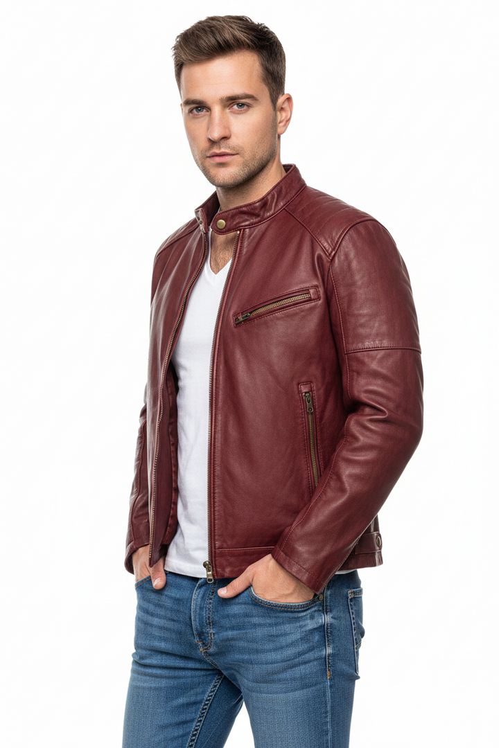 Casual city look featuring a black biker jacket for men with sneakers and slim jeans