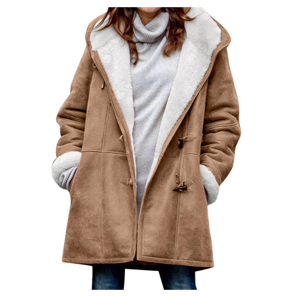 Mid-length women's hooded sherpa coat straight fit with toggle closure, fleece lined comfort for work commutes
