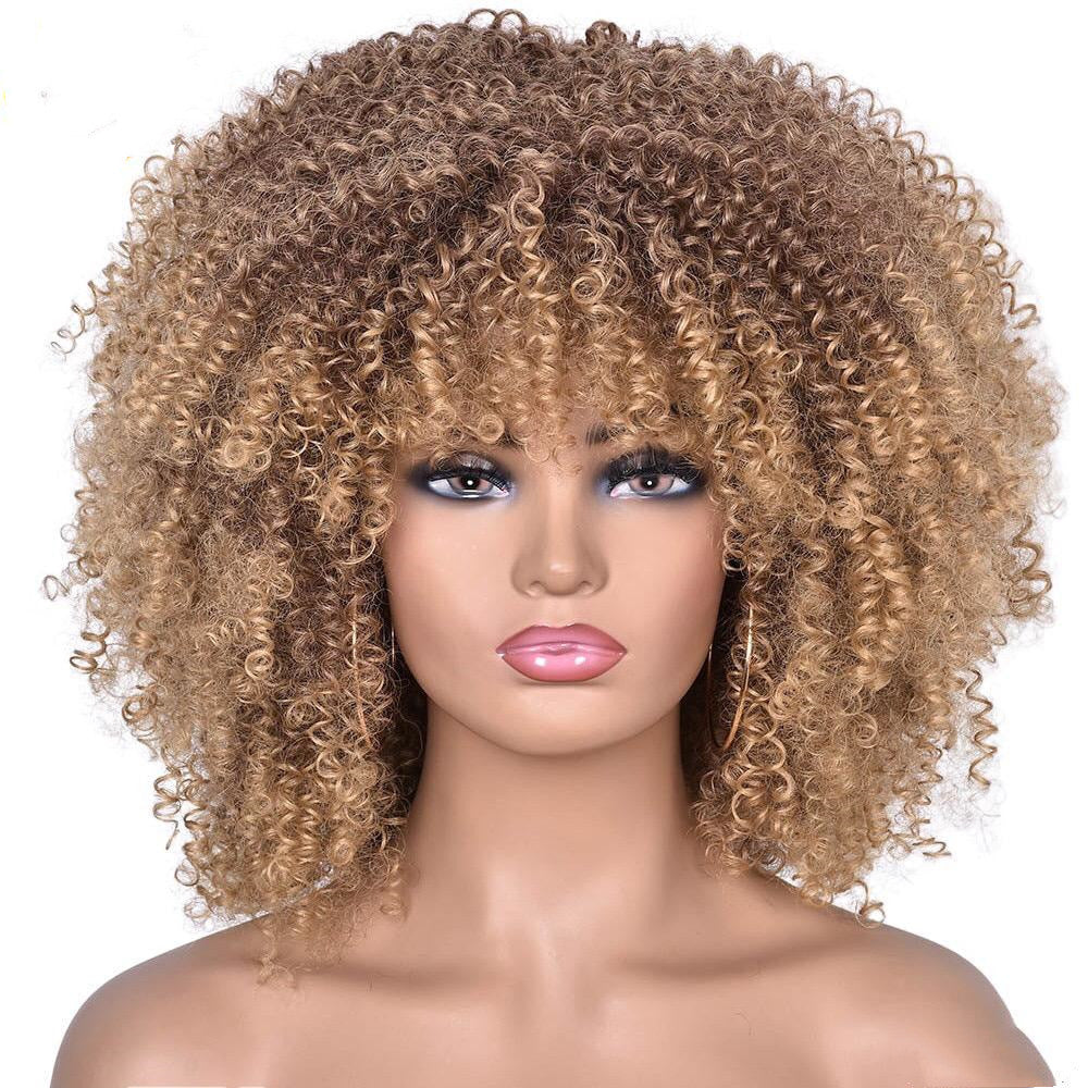 short curly wig with bangs slanted fringe framing the face for refined look