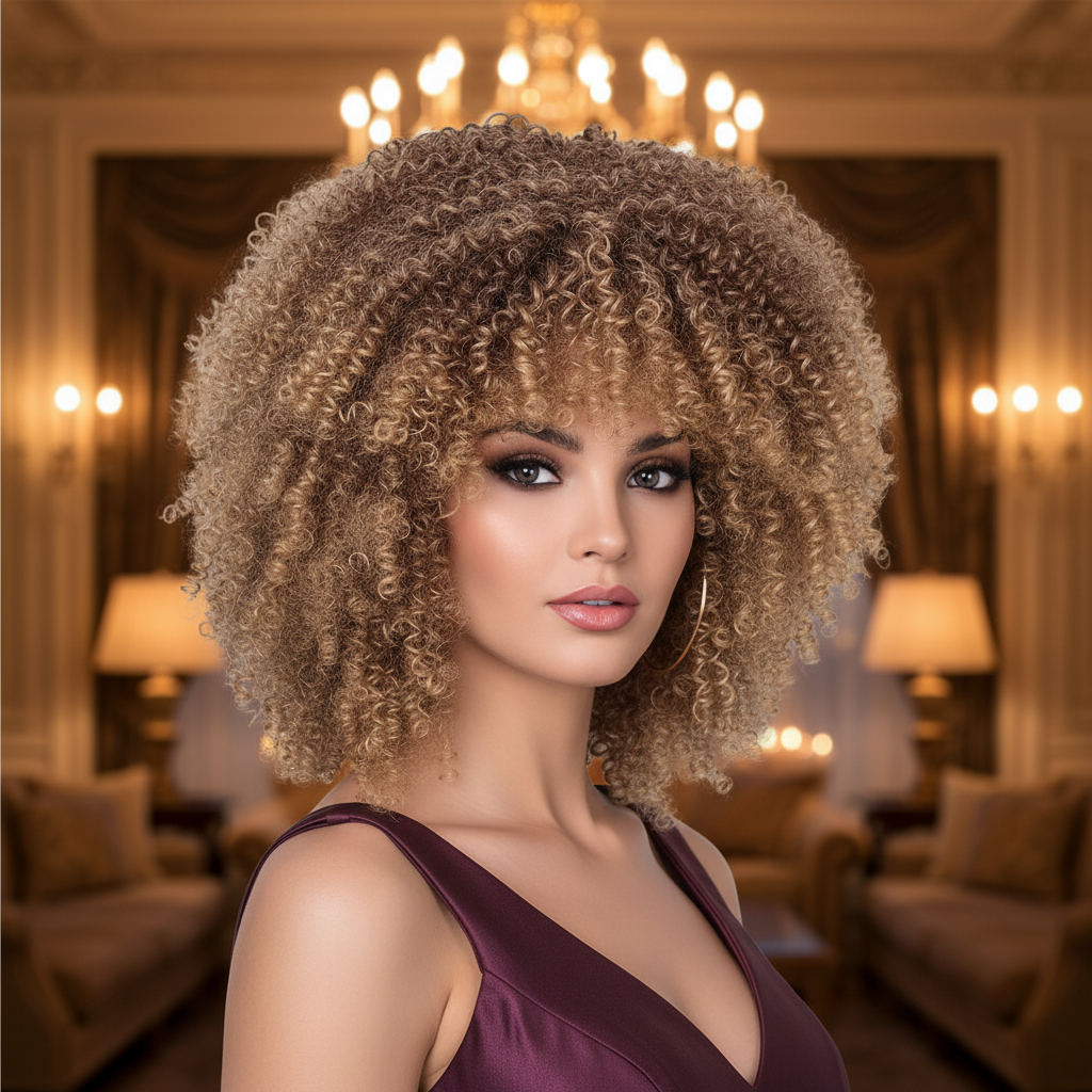 women short curly wig lightweight texture with natural movement on modern silhouette