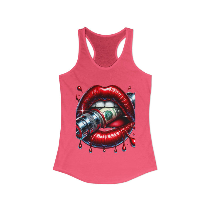 Pink tank top with graphic design of red lips holding a dollar bill on a white background