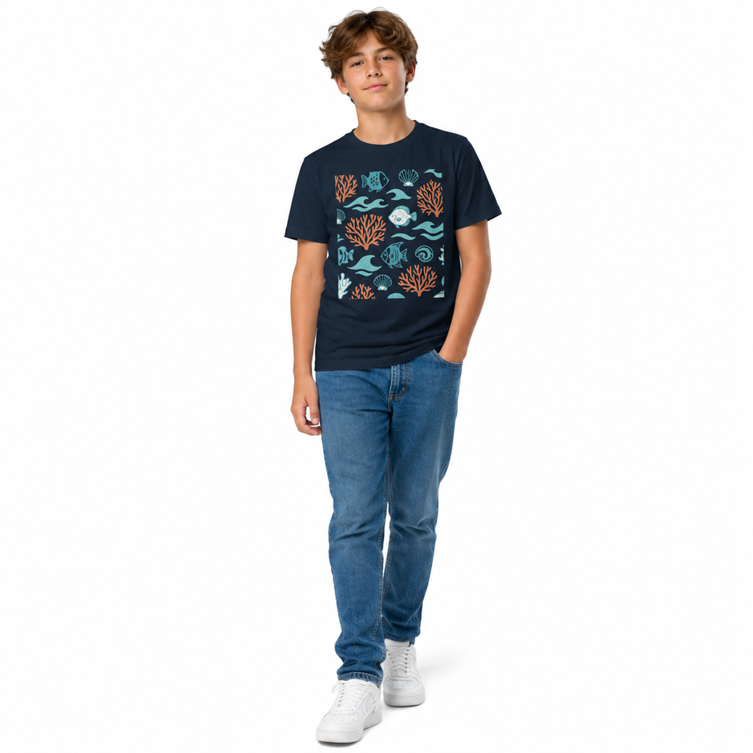 Under the sea cotton kids tee with fish motif, elastic ribbed collar and easy care design for everyday casual outfits for fun