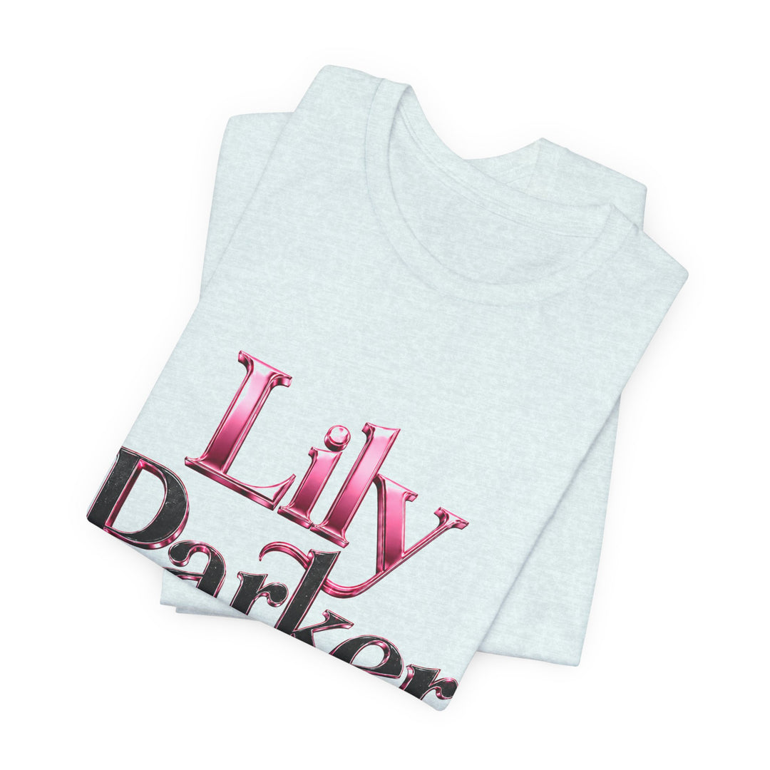 White tank top with pink and black text on a white background