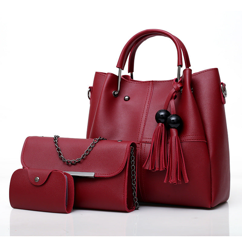 Women Three Piece Handbag Set - Tassel PU Leather Bag
