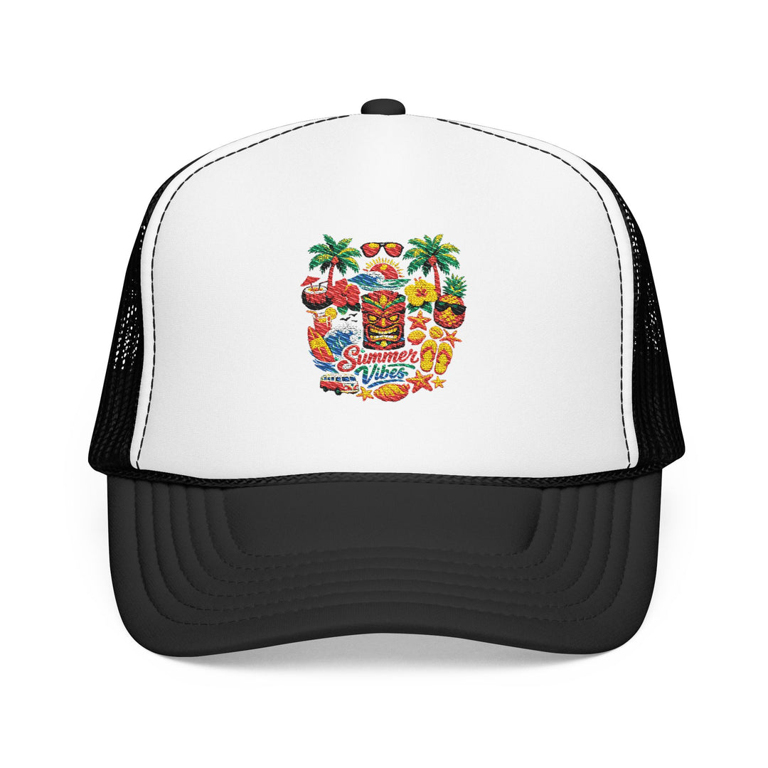Close-up of Summer Vibes trucker hat highlighting neat stitching, vivid tropical print and a shaped curved black visor.