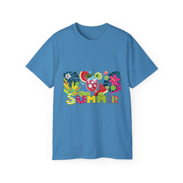 Side angle of cotton tee with colorful tropical graphic and roomy everyday silhouette