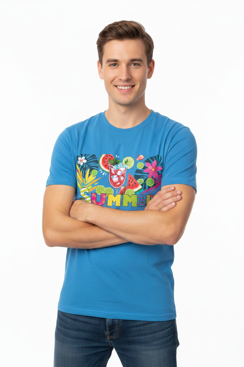 Front view of unisex tropical t-shirt with vibrant island print on a clean white background