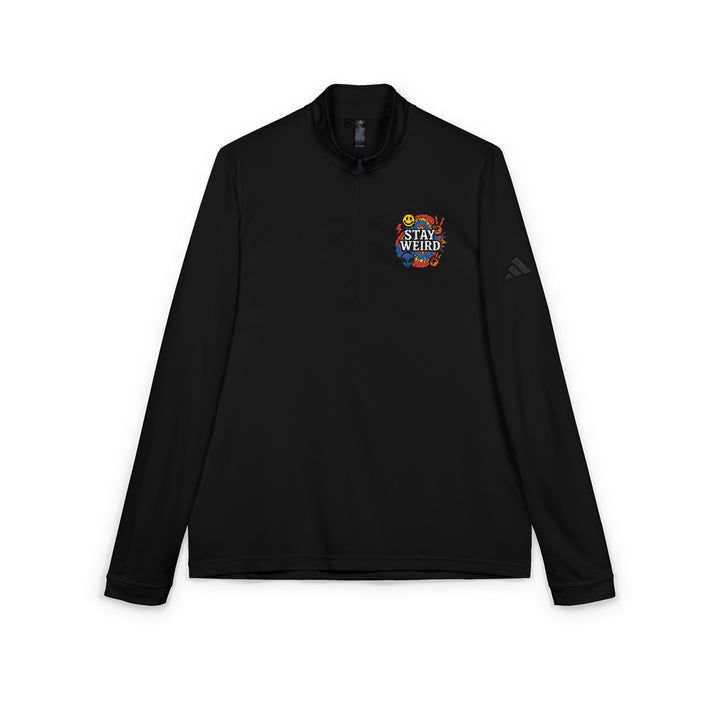 Black unisex quarter-zip pullover with colorful patch
