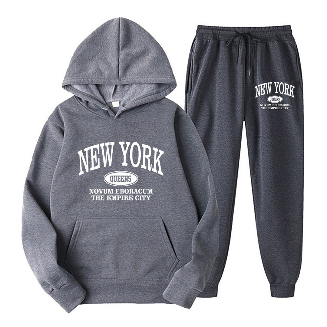 Two-piece sweatsuit product image with crew-neck hoodie design