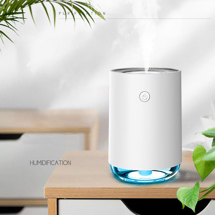 Night light humidifier product image with DC5V operation, 2W rated power and 35-45 ml/h spray for home decor areas and desks.