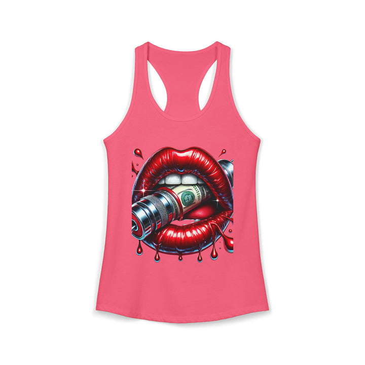 Pink tank top with a graphic design of red lips holding a money bill on a white background
