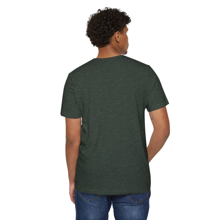 Person wearing a dark green t-shirt on a white background