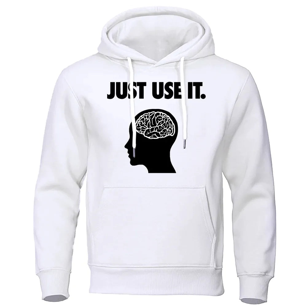 White printed hoodie for teenager with casual pullover design, regular sleeve shape, pocket detail and bold black graphic art