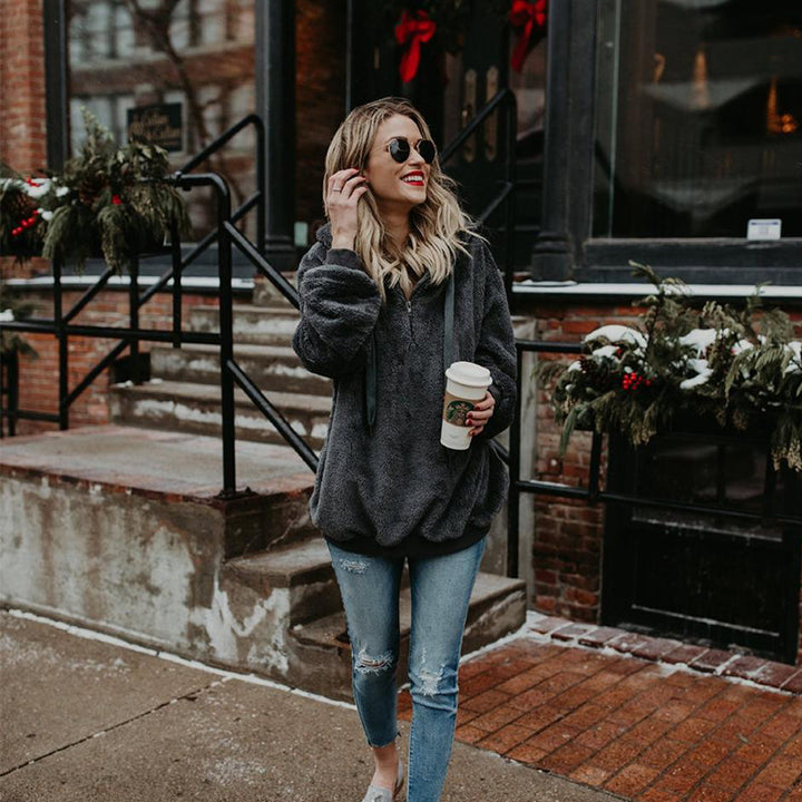 women’s fleece hoodie light gray hood structure and neckline detail context