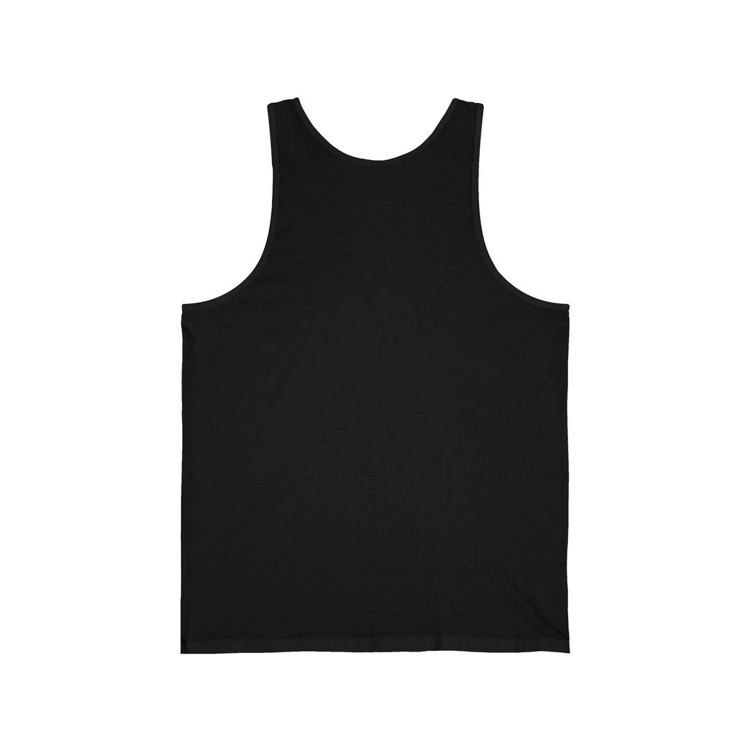 A plain black sleeveless tank top shown flat against a solid white background.