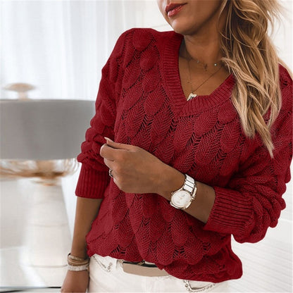 Women's Feather Knit Sweater Soft V Neck Elegance StyleX