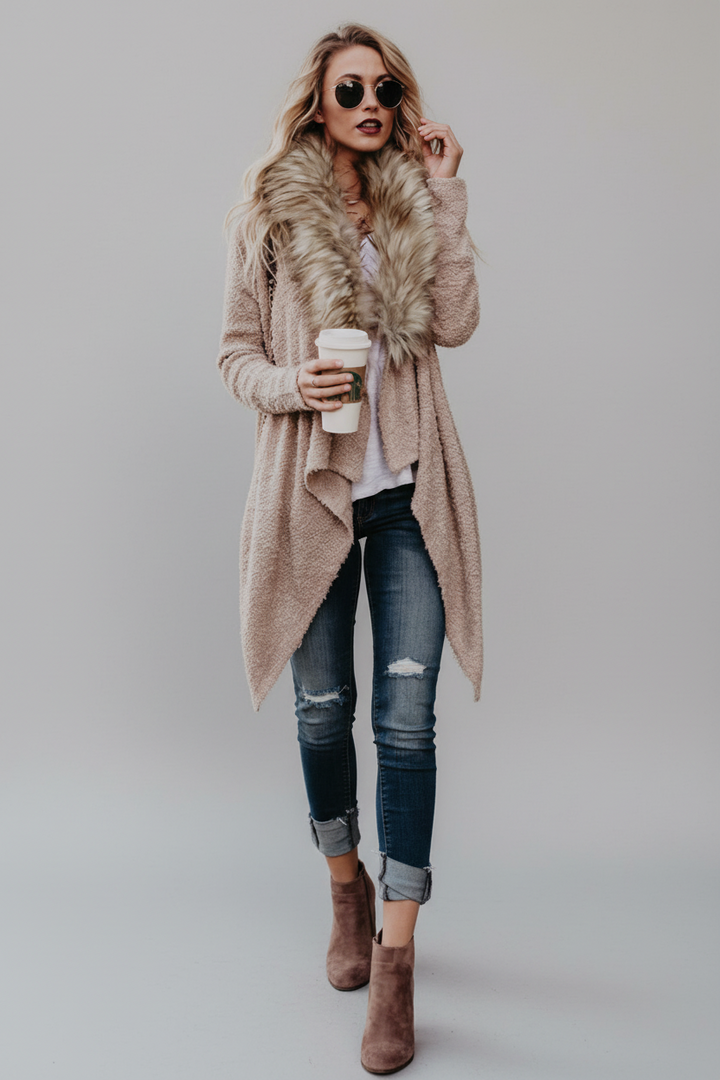 Cashmere fur collar cardigan coat worn open over tailored trousers minimal chic women&