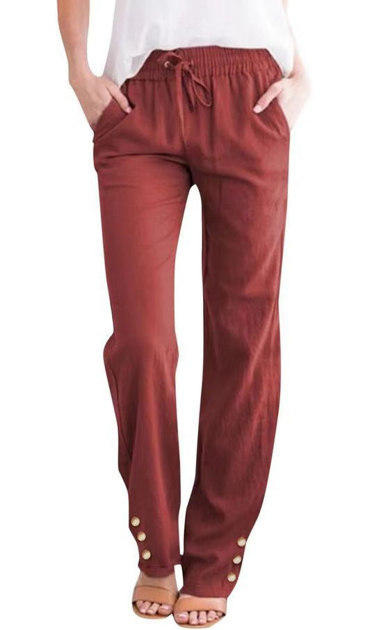 Women’s Cotton Linen Wide-Leg Trousers–Drawstring Pants