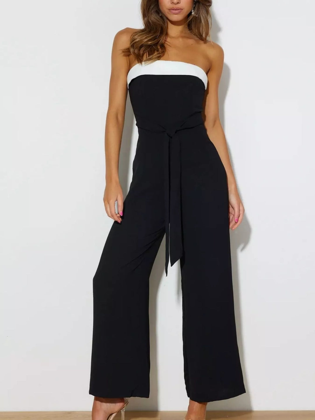 minimalist jumpsuit outfit structured top soft leg contrast