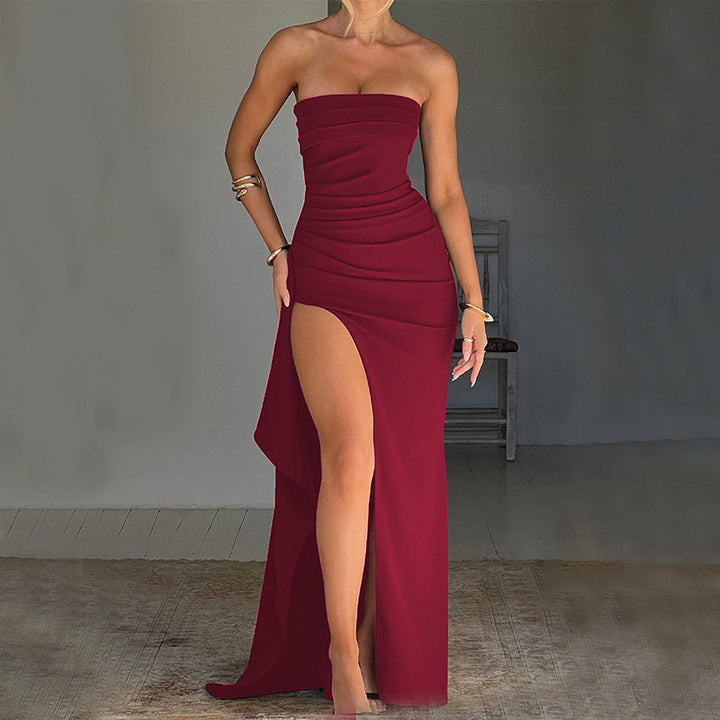 Strapless Pleated Maxi Dress Elegant Split Style Summer