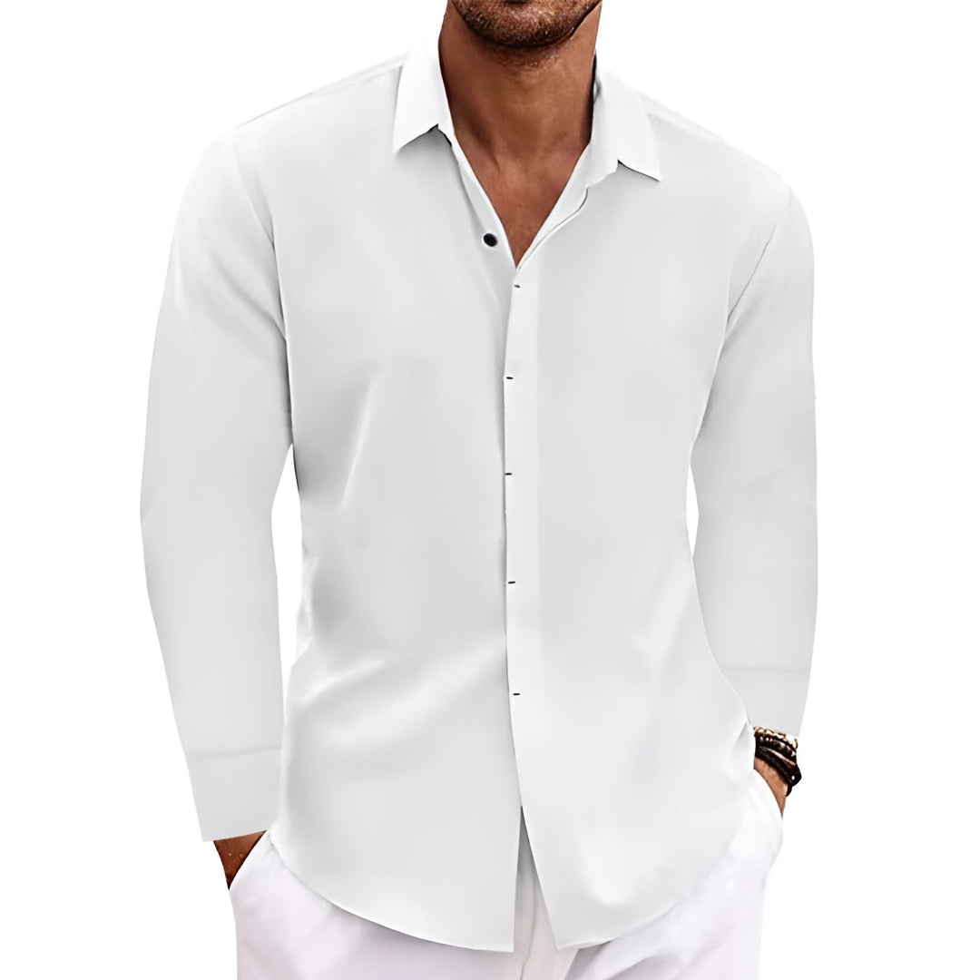 White dress shirt worn by a person on a white background