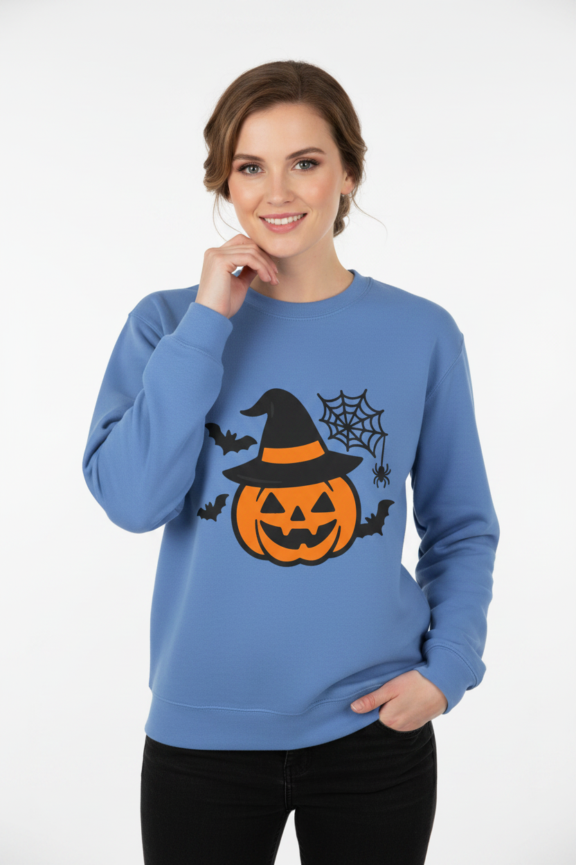 Men wearing cozy Halloween pullover sweatshirt on a crisp fall evening by a bonfire
