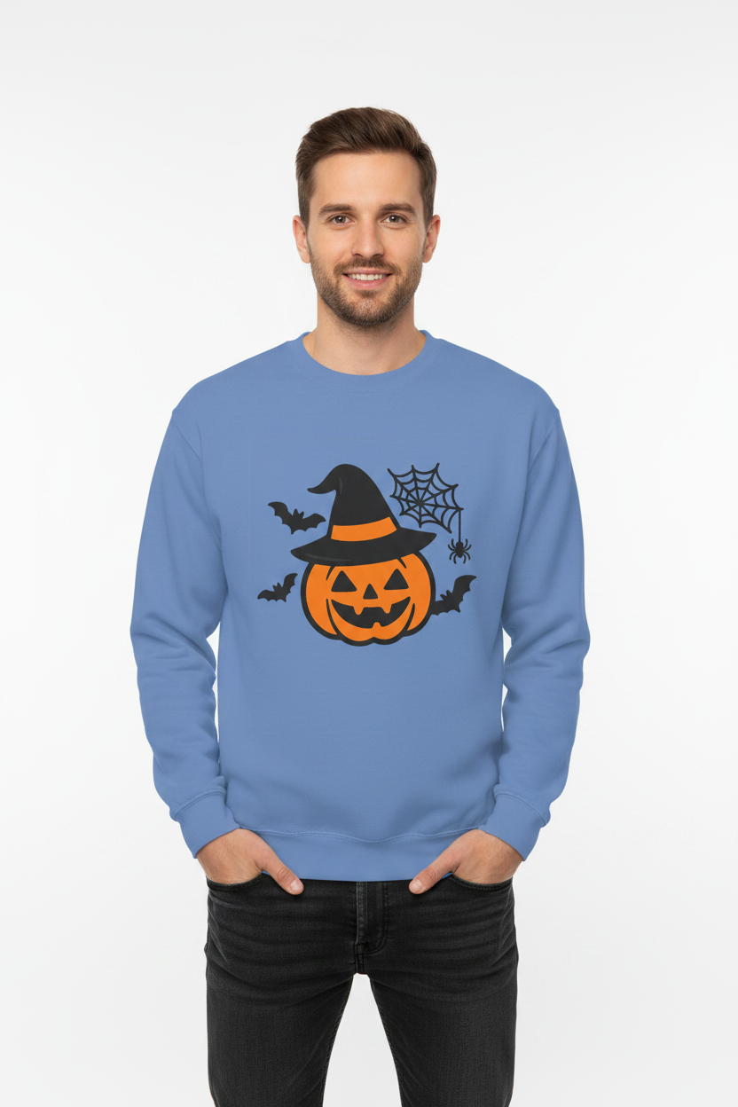 Flat lay of Halloween pumpkin sweatshirt in rust orange on wooden surface with autumn leaves
