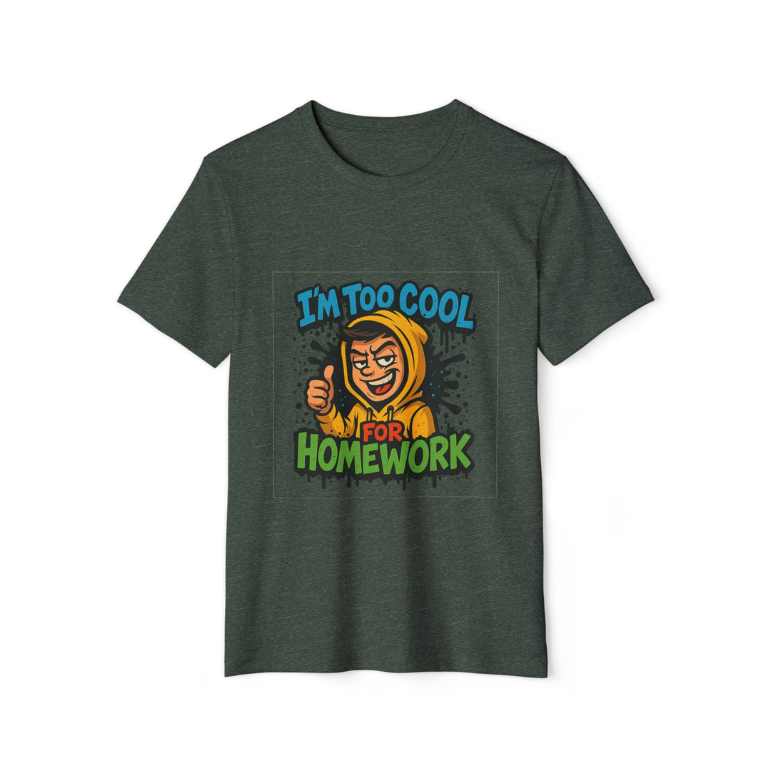 Dark green t-shirt with a graphic design featuring a character in a hoodie and text on a white background
