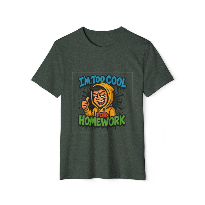 Dark green t-shirt with a graphic design featuring a character in a hoodie and text on a white background