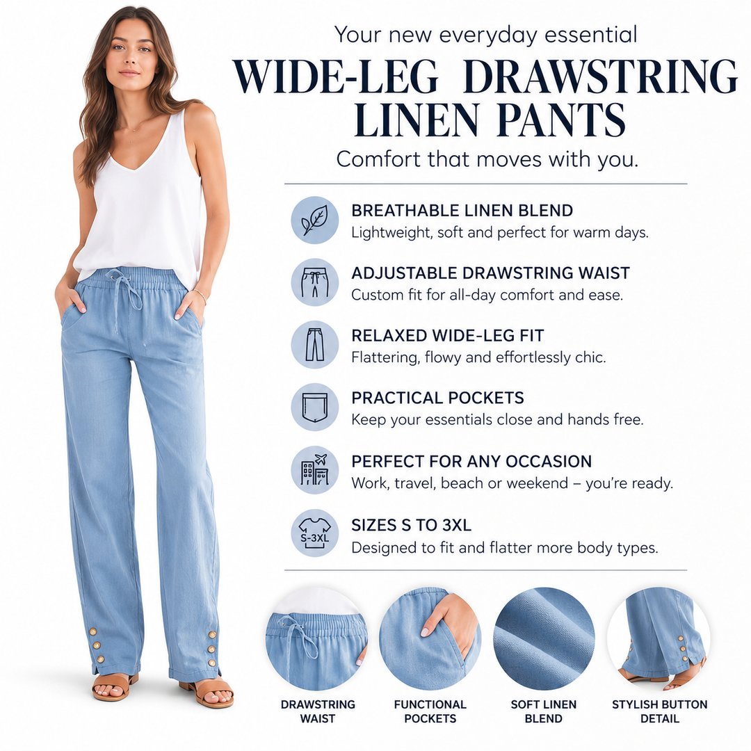 Side view of cotton linen wide-leg trousers with a relaxed drape, mid-rise fit, adjustable waist and practical pocket details
