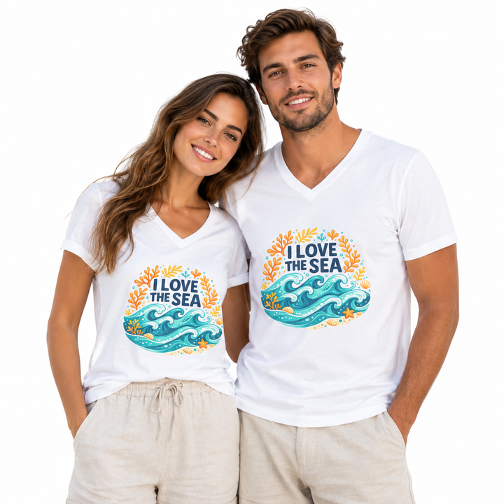 White cotton beach graphic tee with turquoise waves and orange coral artwork